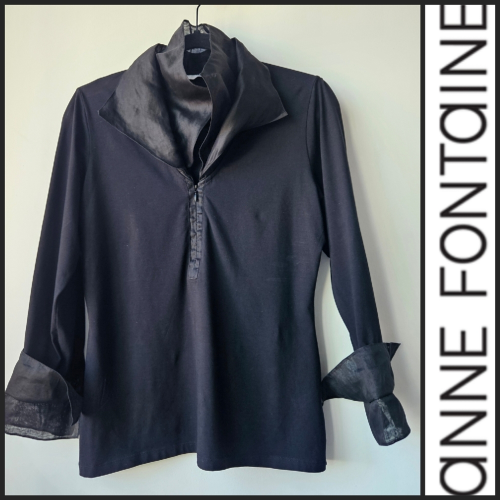 Anne Fontaine Black Jersey Zipper Long Sleeve Crisp Tulle Accent Top